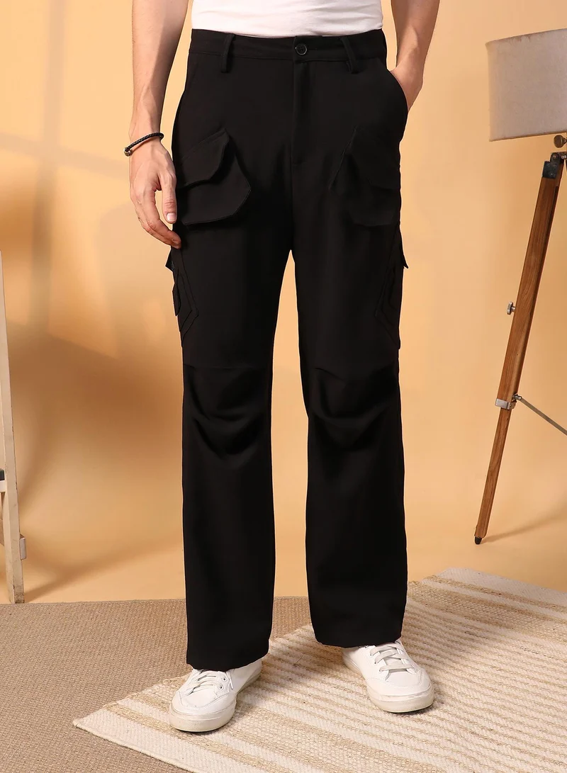 كامبوس سوترا Men's Onyx Black Asymmetrical Parachute Trousers For Casual Wear | 8 Pockets | Mid-Rise | Button Closure | Cargo Pants Crafted With Comfort Fit For Everyday Wear